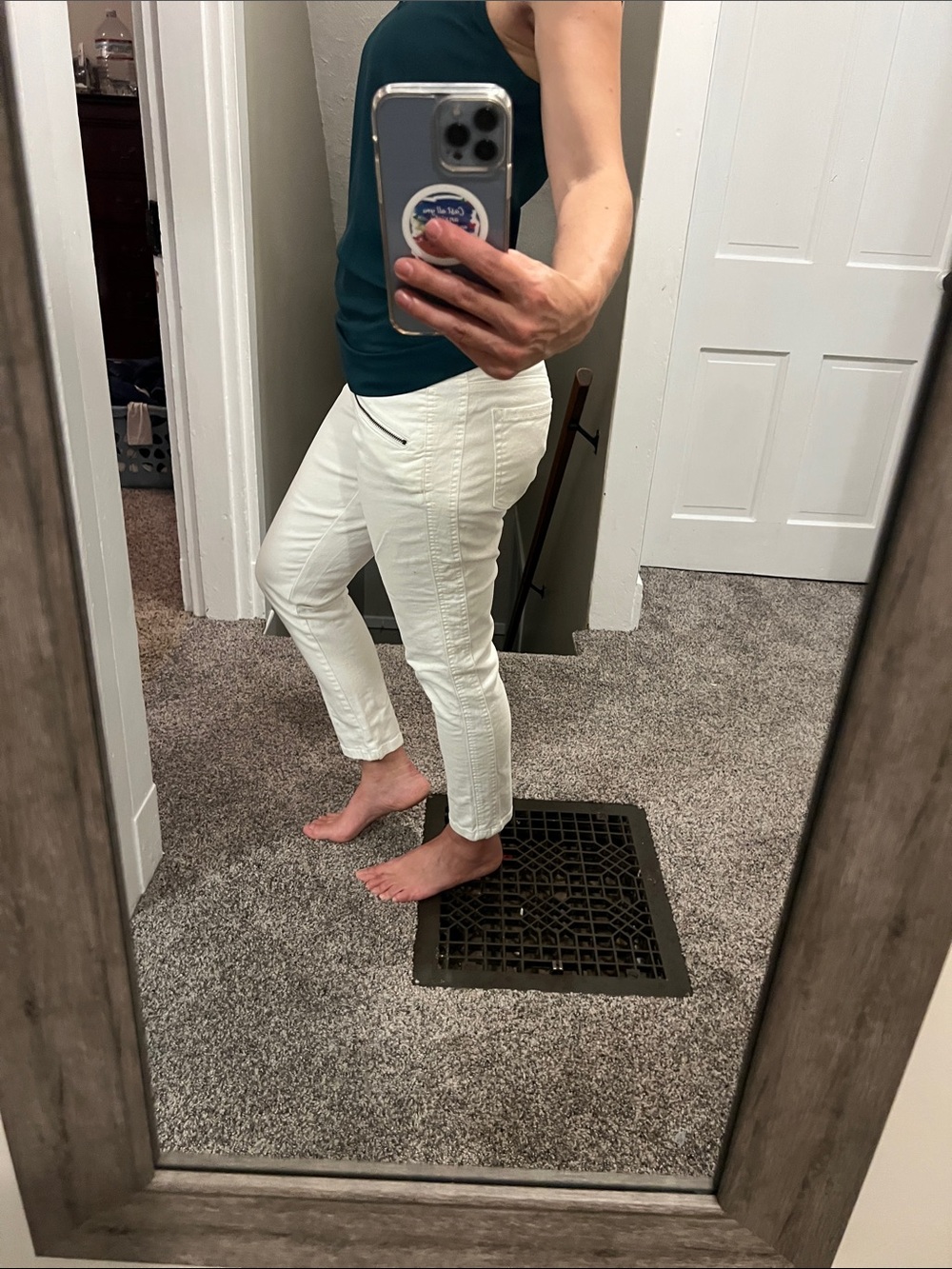 White Slim Ankle Pants with Zip Front Pockets Low Rise